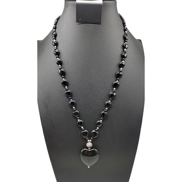 Danbury Mint Sterling Black Onyx Heart Pendant Necklace Beaded Gemstone 925 24" - Picture 2 of 16